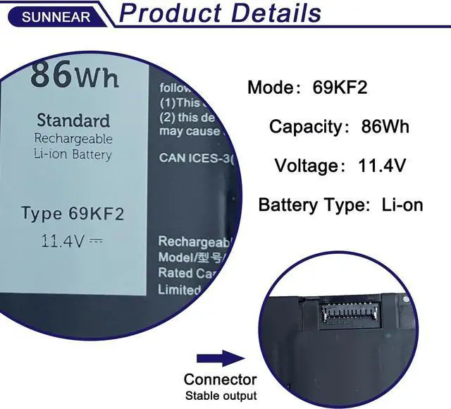 Alt view image 3 of 4 - 69KF2 86Wh Battery Replacement for Dell XPS 15 9500 9510 9520 G15 5510 5511 5515 5520 5521 Precision 5550 5560 5570 G5 G7 G16 Alienware M15 R3 R4 R5 R6 R7 M17 R3 R4 Inspiron 7510 7610 7620 P87F 8FCTC