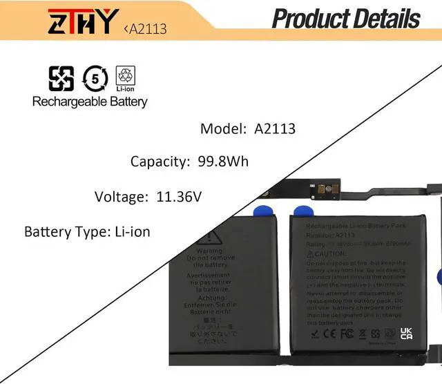 Alt view image 3 of 7 - ZTHY A2113 A2141 Laptop Battery Replacement for MacBook Pro 16 inch A2141 2019 2020 EMC 3347 MVVJ2 MVVK2 MVVL2 MVVM2 MVVJ2xx/A MVVK2xx/A MVVL2xx/A MVVM2xx/A 11.36V 99.8Wh