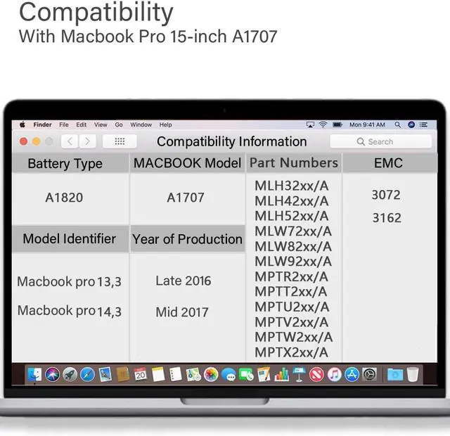 Alt view image 2 of 6 - A1707 Replacement Battery for MacBook Pro,A1820 Laptop Battery for MacBook Pro 15 inch A1707 (2016, 2017) 6680mAh 76.15Wh EMC 3072 3162