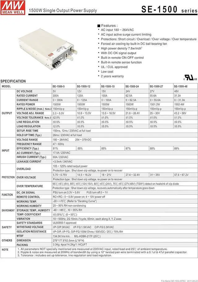 Alt view image 2 of 4 - Mean Well Original SE-1500-27 Single Output Power Supply 27V 55.6A 150W