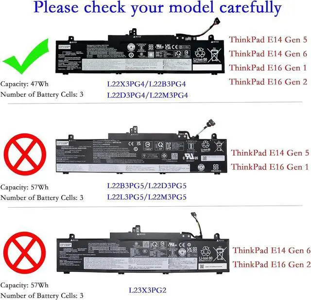 Alt view image 2 of 6 - L22X3PG4 Laptop Battery 47Wh Compatible with Lenovo ThinkPad E14 Gen 5 / E14 Gen 6 / E16 Gen 1 / E16 Gen 2 Series L22B3PG4 L22D3PG4 L22M3PG4