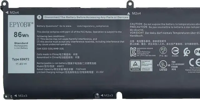 Alt view image 2 of 5 - 69KF2 Laptop Battery 86Wh Compatible with Dell Alienware M15 R3 / M15 R4 / M15 R5 / M15 R6 / M15 R7 / M16 R1 / M17 R3 / M17 R4 / Precision 5550 5560 5570 / XPS 9500 9510 9520 Series 8FCTC 70N2F