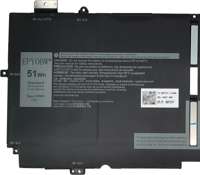 Alt view image 2 of 5 - X1W0D Laptop Battery 51Wh 6375mAh 7.6V Compatible with Dell XPS 13 7390 2-in-1 / XPS 13 9310 2-in-1 / P103G P103G001 P103G002 Series 52TWH XX3T7 0XX3T7 00FDRT X1WOD MM6M8 0MM6M8