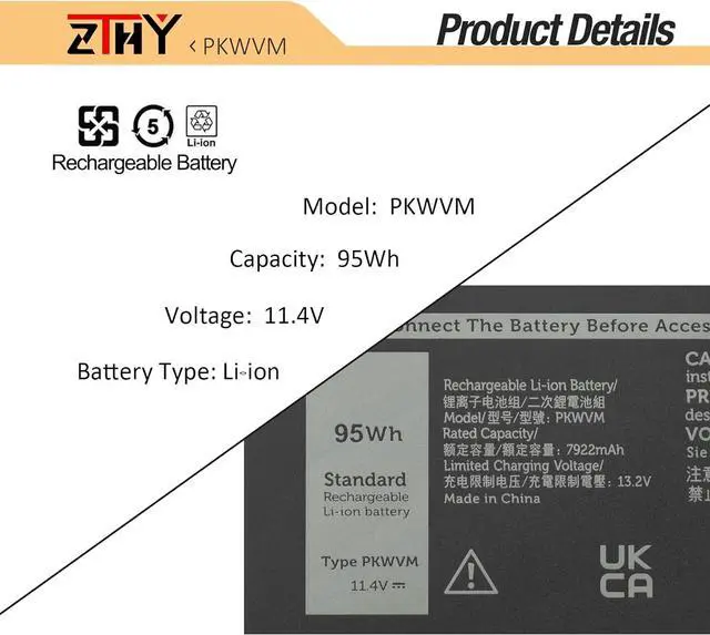 Alt view image 3 of 7 - ZTHY 95Wh PKWVM Laptop Battery Replacement for Dell Precision 7550 7560 7750 7760 Mobile Workstation P44E P93F P44E001 P44E002 P93F001 P93F002 C903V CR72X 17C06 0CR72X 0447VR 068N03 453-BBCQ 11.4V
