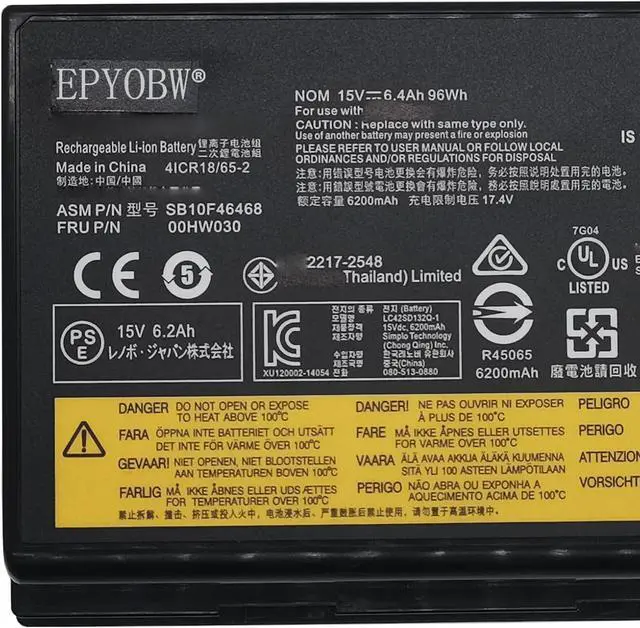 Alt view image 2 of 5 - 00HW030 78+ 78++ Laptop Battery 96Wh 6400mAh 15V 8-Cells Compatible with Lenovo ThinkPad P70 20ER 20ES / ThinkPad P71 20HK 20HL Series Notebook 01AV451 5B10W13950 SB10F46468 4X50K14092