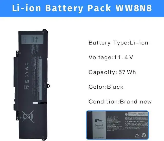 Alt view image 2 of 6 - WW8N8 Laptop Battery Replacement for DELL Latitude 7340 7350 7440 7450 7640 7650 Series Notebook 66DWX 0HYH8 FH97R 0CTJJ6 3ICP6/65/78 [11.4V 57Wh]