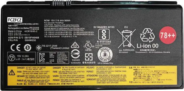 Main image of 00HW030 Battery 96Wh 6400mAh Replacement for Lenovo ThinkPad P70 20ER 20ES / ThinkPad P71 20HK 20HL Series 01AV451 78++ 78+ SB10F46468 4X50K14092 5B10W13950 15V 8-Cells