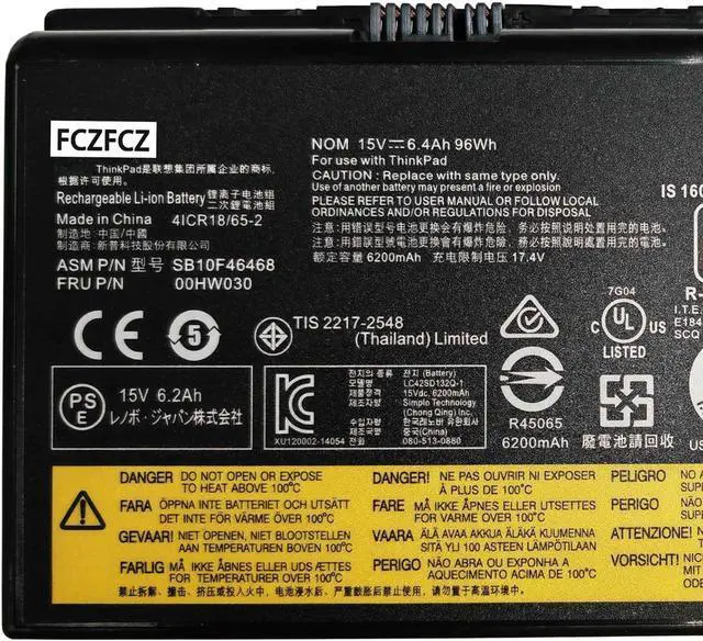 Alt view image 2 of 5 - 00HW030 Battery 96Wh 6400mAh Replacement for Lenovo ThinkPad P70 20ER 20ES / ThinkPad P71 20HK 20HL Series 01AV451 78++ 78+ SB10F46468 4X50K14092 5B10W13950 15V 8-Cells
