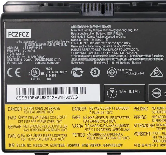 Alt view image 2 of 5 - 01AV451 Battery 96Wh 6400mAh Replacement for Lenovo ThinkPad P71 20HK 20HL / ThinkPad P70 20ER 20ES Series 00HW030 5B10W13950 SB10F46468 4X50K14092 78++ 78+ 15V 8-Cells