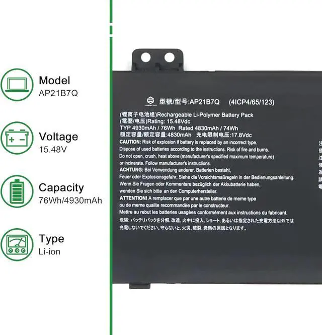 Alt view image 2 of 5 - AP21B7Q Laptop Battery Replacement for Acer Predator Triton 300 SE PT314 51S 51NZ 52ML 52X6 552L 55FA 56RF 57U9 57YJ 599S 70CS 70D6 70Q6 715F 71DD 71K0 71UP 71UU 71YP Series 15.48V 76Wh