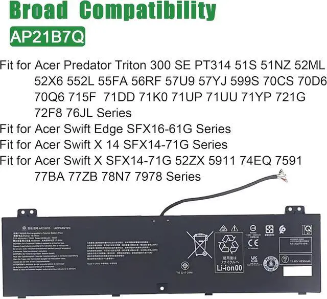 Alt view image 4 of 5 - AP21B7Q Laptop Battery Replacement for Acer Predator Triton 300 SE PT314 51S 51NZ 52ML 52X6 552L 55FA 56RF 57U9 57YJ 599S 70CS 70D6 70Q6 715F 71DD 71K0 71UP 71UU 71YP Series 15.48V 76Wh