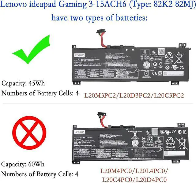 Alt view image 2 of 6 - L20C3PC2 Laptop Battery 45Wh Compatible with Lenovo ideapad Gaming 3-15IHU6 3-15ACH6 Series L20M3PC2 L20D3PC2 5B11B96718 SB11B96717 5B11B96715 SB11B96720 5B11B96719 SB11B96716