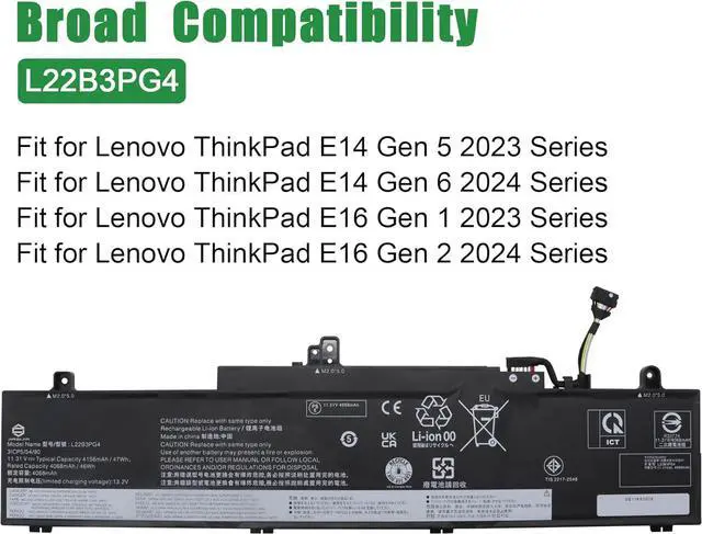 Alt view image 5 of 6 - L22B3PG4 Laptop Battery Replacement for Lenovo ThinkPad E14 Gen 5 2023 Gen 6 2024 E16 Gen 1 2023 Gen 2 2024 Series SB11K63026 5B11K63022 SB11N46023 L22X3PG4 L22M3PG4 L22D3PG4 11.31V 47Wh