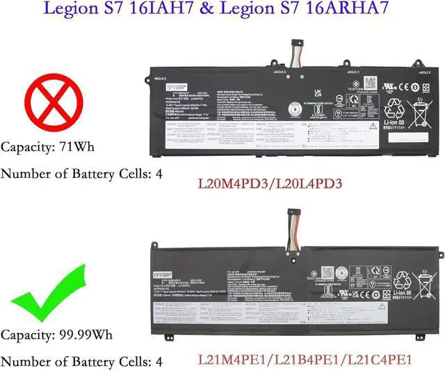 Alt view image 2 of 6 - L21M4PE1 Laptop Battery 99.99Wh 6443mAh 4-Cell 15.52V Compatible with Lenovo Legion S7 16IAH7 82TF / Legion S7 16ARHA7 82UG / Yoga 7 16IAH7 82UF Series L21C4PE1 L21B4PE1