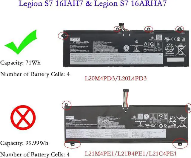 Alt view image 2 of 6 - L20M4PD3 L20L4PD3 Laptop Battery 71Wh 4-Cell 15.36V Compatible with Lenovo Legion S7-15ACH6 / Legion S7-16IAH7 / Legion S7-16ARHA7 / ThinkBook 16p G2 ACH/ThinkBook 16p G3 ARH Series