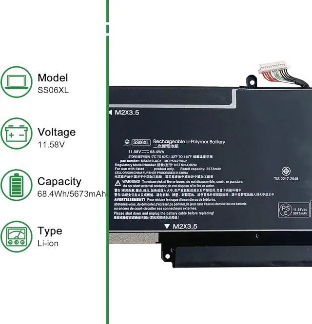 Alt view image 2 of 6 - SS06XL M73478-005 Laptop Battery Replacement for Hp Elite Dragonfly G3 Series Notebook M73478-006 M64310-AC1 HSTNN-OB2M 11.58V 68.4Wh 5673mAh