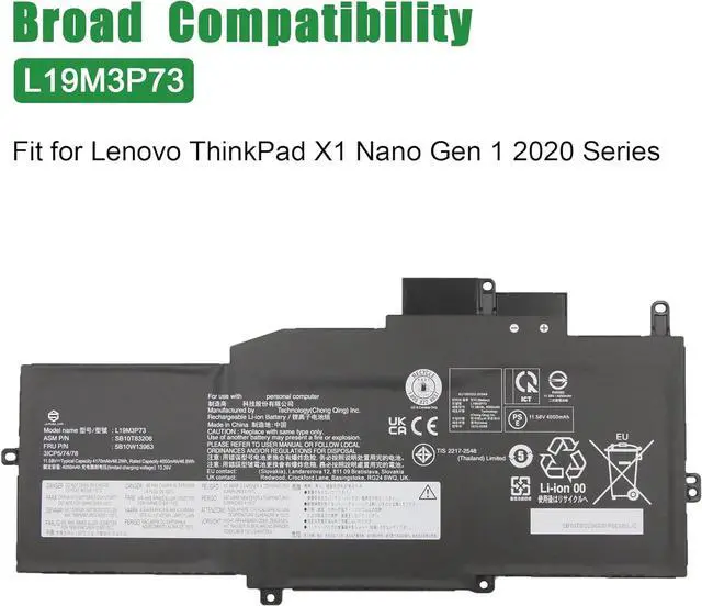 Alt view image 4 of 5 - L19M3P73 Laptop Battery Replacement for Lenovo ThinkPad X1 Nano Gen 1 2020 Series SB10T83206 5B10W13963 L19C3P71 SB10T83207 5B10W13964 L19M3P72 SB10T83205 5B10W13962 11.58V 48.2Wh 4170mAh