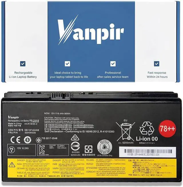 Main image of 00HW030 Laptop Battery 15V 96Wh 6400mAh 8-Cell Replacement for Lenovo ThinkPad P70 P71 Series Notebook 78++ 78+ SB10F46468 01AV451 4X50K14092 5B10W13950