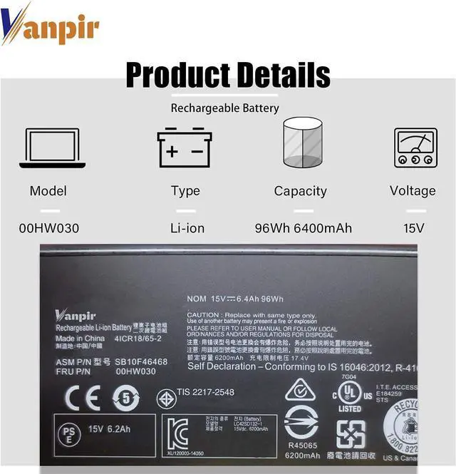 Alt view image 2 of 7 - 00HW030 Laptop Battery 15V 96Wh 6400mAh 8-Cell Replacement for Lenovo ThinkPad P70 P71 Series Notebook 78++ 78+ SB10F46468 01AV451 4X50K14092 5B10W13950