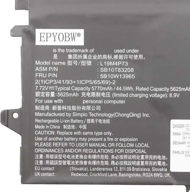 Alt view image 2 of 4 - L19M4P73 Laptop Battery 44.5Wh 5770mAh 4-Cell 7.72V Compatible with Lenovo ThinkPad X1 Titanium 20QA 20QB Series SB10T83208 5B10W13965 L19C4P73 SB10T83209 5B10W13966