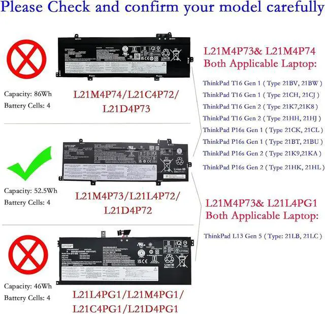 Alt view image 2 of 6 - L21M4P73 Laptop Battery 52.5Wh 3392mAh 15.48V Compatible with Lenovo ThinkPad P16s Gen 1 Gen 2 / T16 Gen 1 Gen 2 / L13 Gen 5 Series L21D4P72 L21L4P72 L21M4P74 L21C4P72 L21D4P73