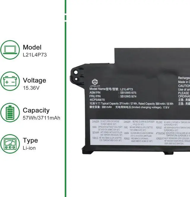 Alt view image 2 of 5 - L21L4P73 SB10W51975 5B10W51874 Laptop Battery Replacement for Lenovo ThinkPad T14s Gen 3 2022 Gen 4 2023 Series L21B4P71 SB10W51978 5B10W51877 L21M4P75 SB10W51976 L21D4P74 15.36V 57Wh