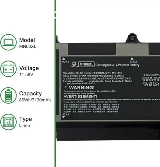 Alt view image 2 of 5 - MN06XL Laptop Battery Replacement for Hp Zbook Studio 16 G9 G10 G11 Mobile Workstation Series Notebook M82230-005 M82220-1C1 TPN-DB1B M82220-2C1 Black 11.58V 86Wh 7130mAh
