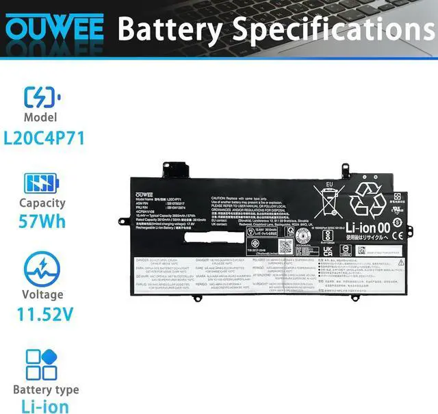 Alt view image 2 of 5 - L20C4P71 L20M4P71 Laptop Battery Compatible with Lenovo ThinkPad X1 Carbon 9th 10th Gen X1 Yoga 6th 7th Gen 2021 Series L20D4P71 L20L4P71 SB10T83217 SB10T83216 SB10T83218 SB10T83215
