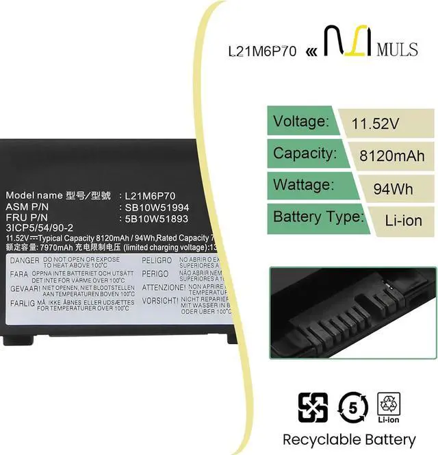 Alt view image 2 of 7 - MULS L21M6P70 SB10W51994 Laptop Battery Replacement for Lenovo ThinkPad P16 Gen 1 Gen 2 Series 5B10W51893 L21L6P70 SB10W51995 5B10W51894 94Wh 8120mAh 6-Cell
