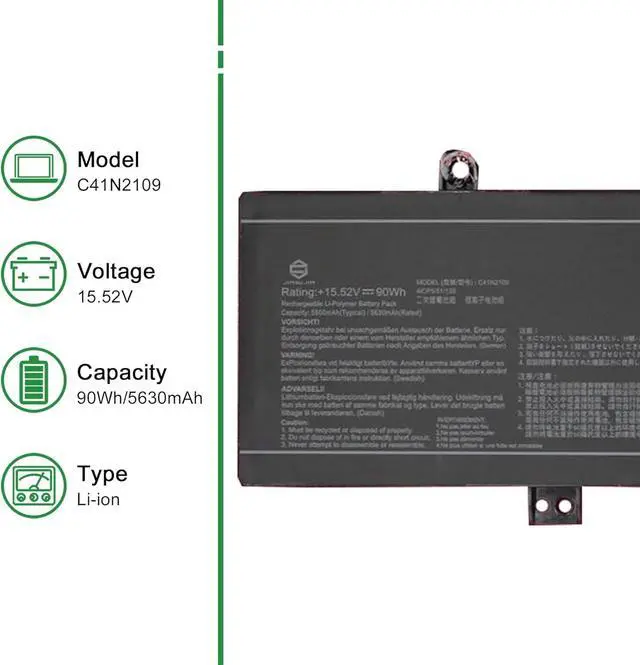 Alt view image 2 of 5 - C41N2109 Laptop Battery Replacement for Asus Rog Flow X16 GV601RE GV601RM GV601VI GV601VU GV601VV G16 G614JI G614JU G614JV G614JZ G18 G814JI G814JU Strix Scar 16 G634JY Series 15.52V 90Wh