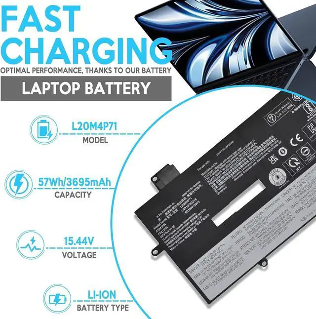 Alt view image 2 of 7 - L20M4P71 Laptop Battery Compatible with Lenovo ThinkPad X1 Yoga 6th 7th Gen 2021 2022 Carbon 9th 10th 2021 2022 Series L20C4P71 L20D4P71 L20L4P71 15.44V 57Wh/3695mAh 4-Cell