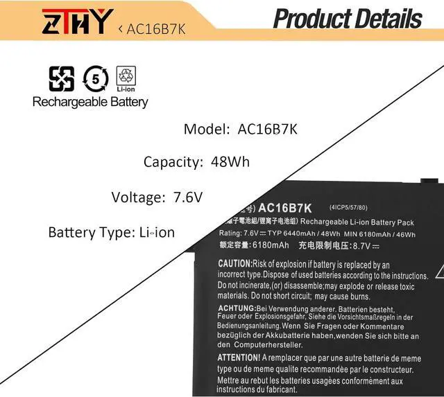 Alt view image 3 of 7 - AC16B7K AC16B8K Battery Replacement for ACER Aspire V5-572 V5-573 Chromebook 15 CB515-1H CB515-1H-C019 CB515-1HT CB515-1HT-P39B CB515-1HT-P0DT CB515-1HT-P099 CB515-1HT-P80X CB515-1HT-P58C 7.6V 48Wh