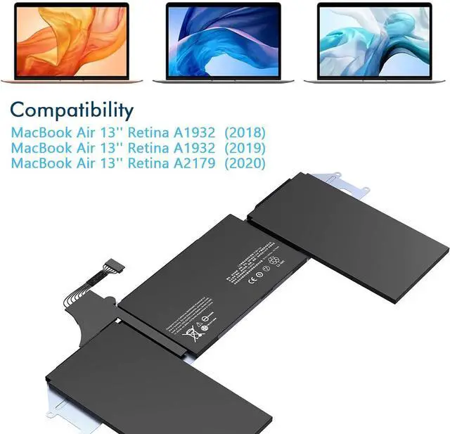 Alt view image 3 of 7 - A1932 A1965 A2179 Battery Compatible with MacBook Air 13 inch 2018 2019 2020 Year A1932 A1965 A2179 Replacement Laptop Battery (11.4V 49.9Wh)