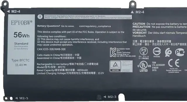 Alt view image 2 of 5 - 8FCTC Laptop Battery 56Wh 11.4V Compatible with Dell Alienware M15 R3 M15 R4 M15 R5 M15 R6 M15 R7 M16 R1 M17 R3 M17 R4 / XPS 9500 9510 / Inspiron 7510 5620 7610 Series 69KF2 08FCTC 70N2F