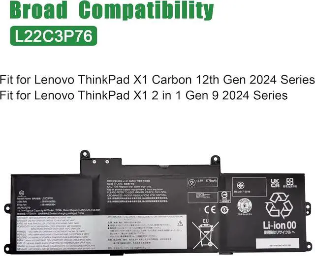 Alt view image 5 of 6 - L22C3P76 Laptop Battery Replacement for Lenovo ThinkPad X1 Carbon 12th Gen 2024 X1 2 in 1 Gen 9 2024 Series SB11H56285 5B11H56384 L22B3P73 SB11H56287 5B11H56386 L22M3P77 L22D3P77 11.7V 57Wh