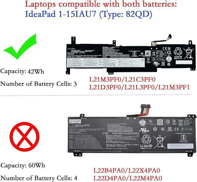 Alt view image 2 of 5 - L21M3PF1 Laptop Battery 42Wh Compatible with Lenovo IdeaPad 1-14IGL7 1-14IJL7 1-14IAU7 1-14ADA7 1-14ALC7 1-14AMN7 1-15IGL7 1-15ALC7 1-15AMN7 1-15IRU7 Series L21M3PF0 L21L3PF0 L21C3PF0 L21D3PF0