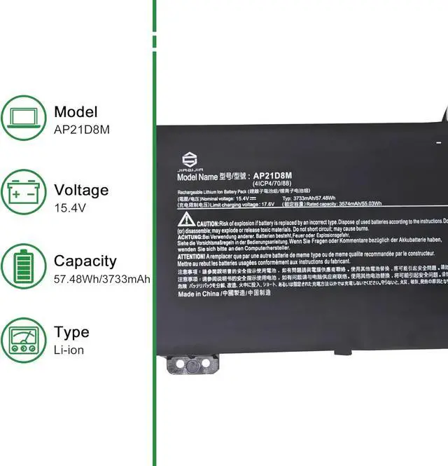 Alt view image 2 of 5 - AP21D8M Laptop Battery Replacement for Acer N22C1 AN515-58-56CL AN515-58-766R Series Notebook Black 15.4V 57.48Wh 3733mAh