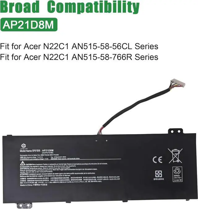 Alt view image 4 of 5 - AP21D8M Laptop Battery Replacement for Acer N22C1 AN515-58-56CL AN515-58-766R Series Notebook Black 15.4V 57.48Wh 3733mAh