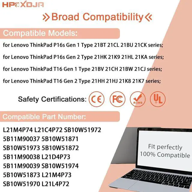Alt view image 5 of 7 - L21M4P74 Laptop Battery Replacement for Lenovo ThinkPad P16s Gen 1 / ThinkPad P16s Gen 2 ThinkPad T16 Gen 1 / ThinkPad T16 Gen 2 Series notebook SB10W51972 5B10W51871 L21C4P72 L21D4P73 L21L4P72