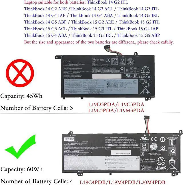 Alt view image 2 of 7 - L20M4PDB Laptop Battery 60Wh Compatible with Lenovo ThinkBook 14 G2 ITL G3 ACL G4 G5 / ThinkBook 15 G2 are G3 ITL G4 G5 / ThinkBook 14s Yoga G2 IAP G3 IRU Series L19C4PDB L19M4PDB