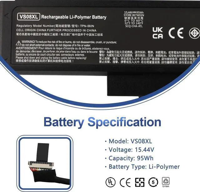 Alt view image 2 of 7 - VS08XL 95Wh Laptop Battery Replacement for HP ZBook Fury 16 G9 Mobile Workstation/ZBook Fury 16 G10 Mobile Workstation/Fury 16 G11 Mobile Workstation Series TPN-IB0N TPN-DB1F M85951-271 M86087-001