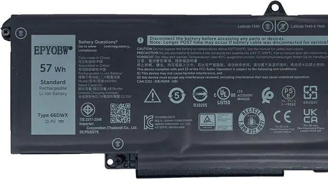Alt view image 2 of 5 - 66DWX Laptop Battery 57Wh 4878mAh 3-Cell 11.4V Compatible with Dell Latitude 7340 7350 7440 7450 7640 7650 Series FH97R 0HYH8 0CTJJ6