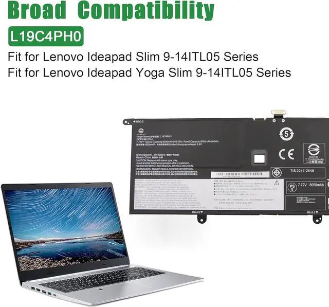 Alt view image 4 of 5 - L19C4PH0 Laptop Battery Replacement for Lenovo Ideapad Slim 9-14ITL05 Series Notebook SB10Y75087 5B10Y75089 L19M4PH0 SB10Y75088 5B10Y75090 Black 7.72V 63.5Wh 8290mAh