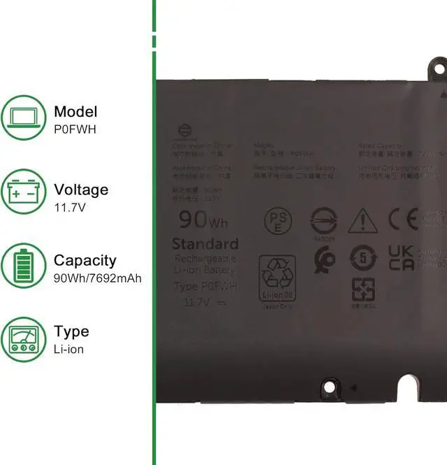 Alt view image 2 of 6 - P0FWH Laptop Battery Replacement for Dell inspiron 16 5630 7620 7630 7640 2-in-1 Series Notebook 0M9DG0 M9DG0 Black 11.7V 90Wh 7692mAh
