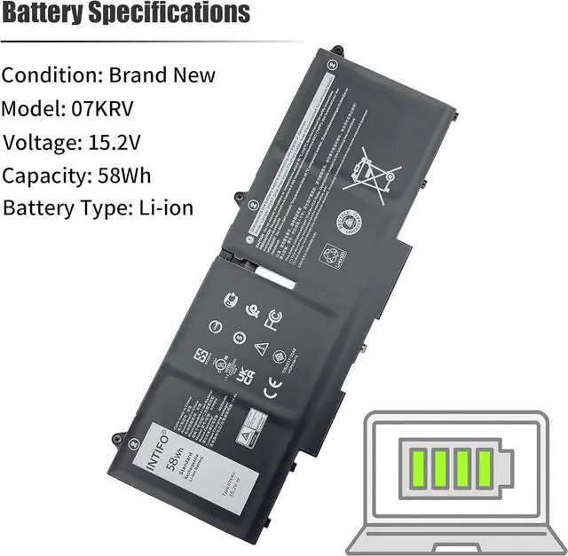 Alt view image 3 of 7 - 58Wh 07KRV Laptop Battery Compatible with Dell Latitude 5330 5430 5530 Precision 3570 Series Notebook 0H4PVC H4PVC Y86WG 0Y86WG M69D0 08WRCR 078FWY [15.2V 3625mAh 4-Cell]