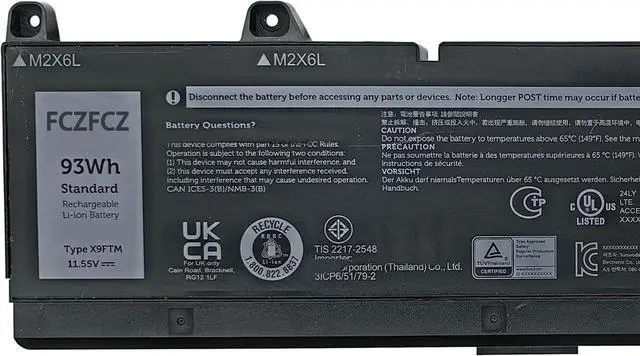 Alt view image 2 of 5 - X9FTM Battery Replacement for Dell Precision 7680 7770 7780 Series V0GMT NYD3W TJDRR XYCW0 NCC3D 0NCC3D Series 97Wh 8070mAh 11.4V 6-Cell