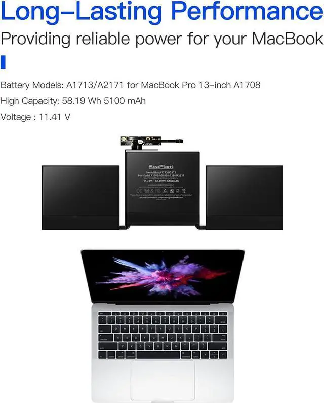 Alt view image 4 of 6 - A1708 Battery Replacement for MacBook Pro 13-inch A1708(2016,2017) A2159(2019) A2289(2020) A2338(2020,2022) A1713/A2171 Battery