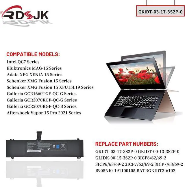 Alt view image 3 of 7 - GKIDT-03-17-3S2P-0 GKIDT-00-13-3S2P-0 Laptop Battery for Intel QC7 Adata XPG Xenia 15 Schenker XMG Fusion 15 XFU15L19 Eluktronics MAG-15 Aftershock Vapor 15 Pro 2021 GLIDK-00-15-3S2P-0 11.4V 93.48Wh