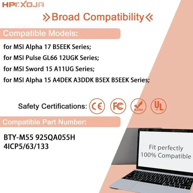 Alt view image 5 of 6 - BTY-M55 Laptop Battery Replacement for MSI Alpha 15 A3DDK A4DEK B5EEK B5EX Alpha 17 B5EEK Pulse GL66 12UGK Sword 15 A11UG Series 925QA055H