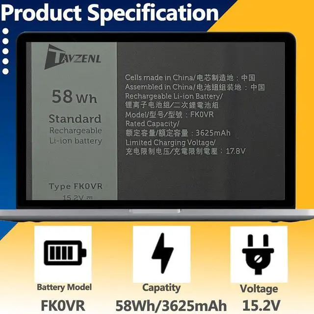 Alt view image 2 of 7 - FK0VR 58Wh Battery Replacement for Dell Latitude 7430 7330 5330 2-in-1 Series Latitude 7530 7430 7330 5330 Series P133G P133G002 P134G P134G002 Series 15.2V 3625